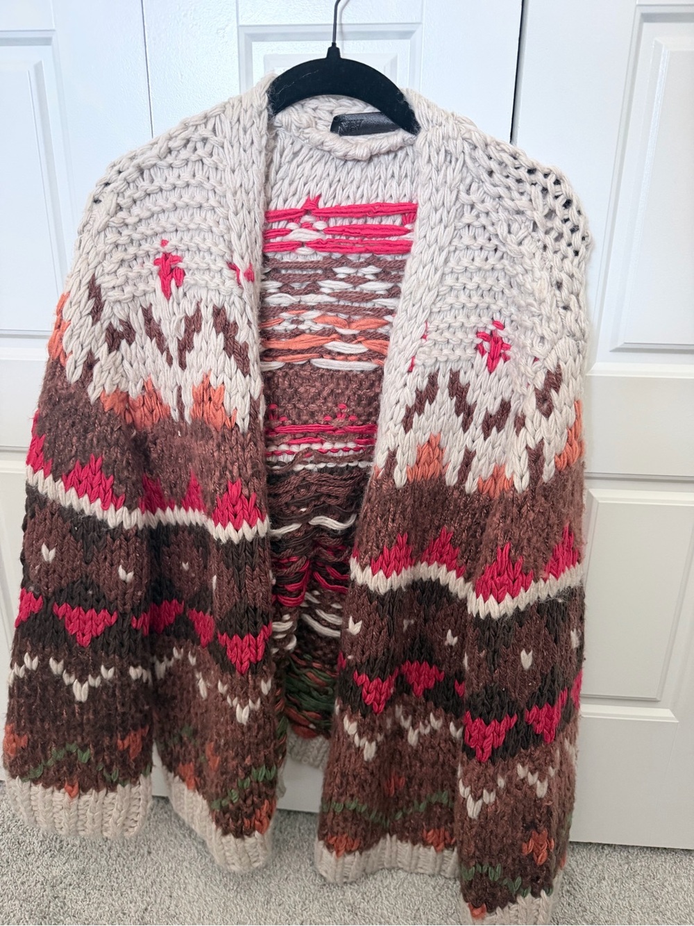 ZARA Knit Patterned Open Cardigan Sweater - Beige & Brown with Pink Accents